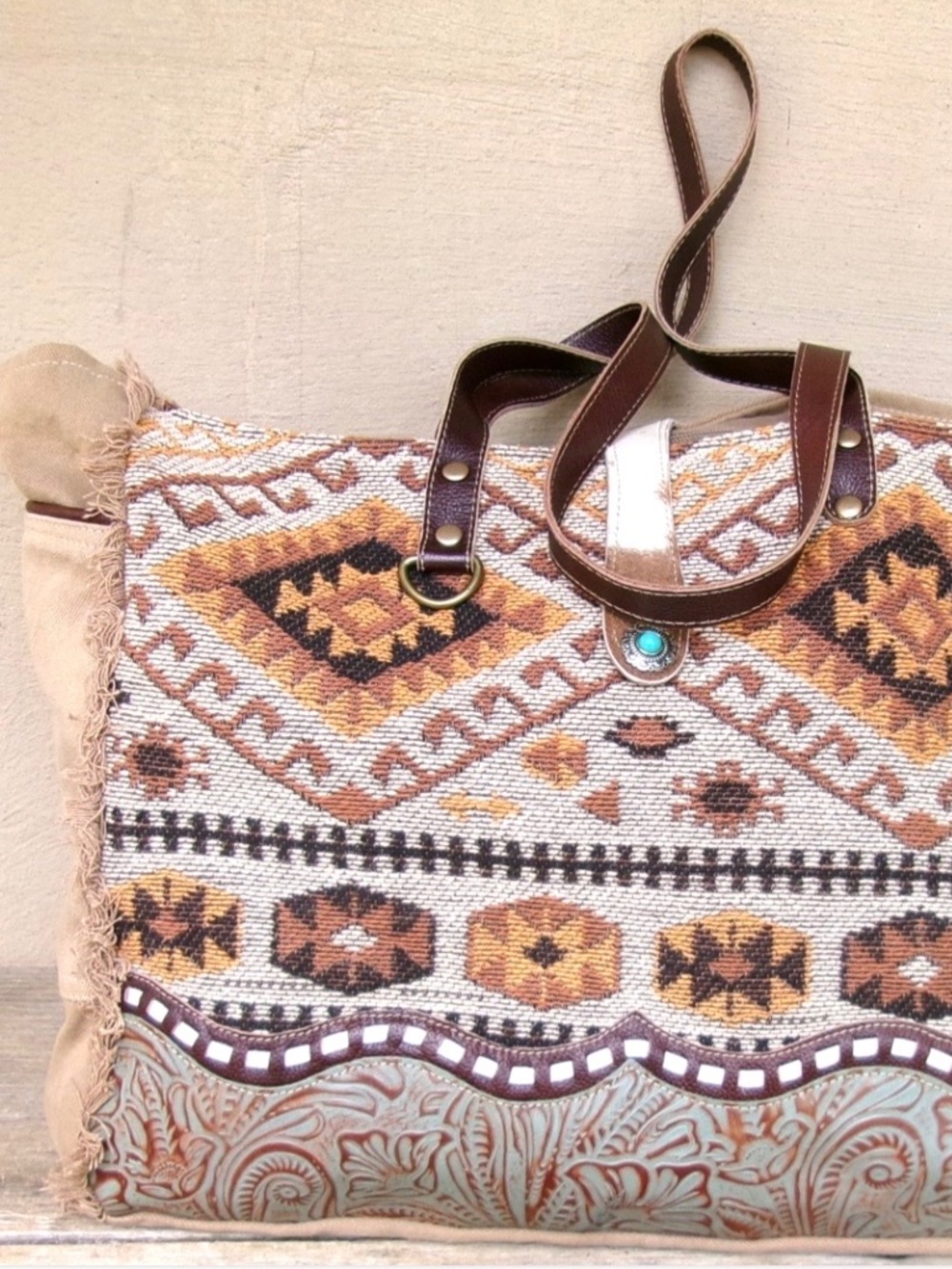 Myra Bag Aztecan Weekender Bag w/Leather Straps / Trim